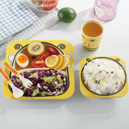 طقم أوعية وأدوات مائدة للأطفال من ألياف الخيزران مكونة من خمس قطع