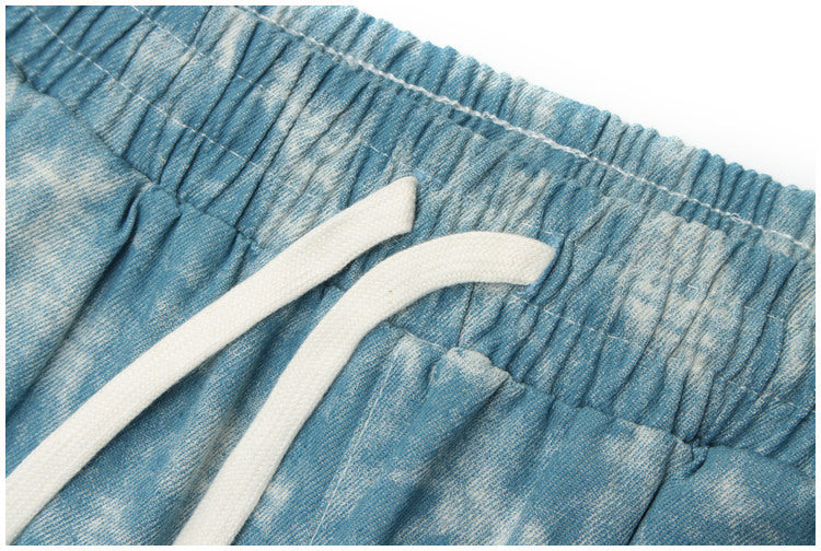Tie-Dye Washed And Fried Flower Denim Five-Point Pants Loose Straight Casual Shorts For Men And Women