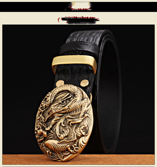 Pattern Smooth Buckle Head Layer Belt Young Middle-aged Casual High-end Retro Trend