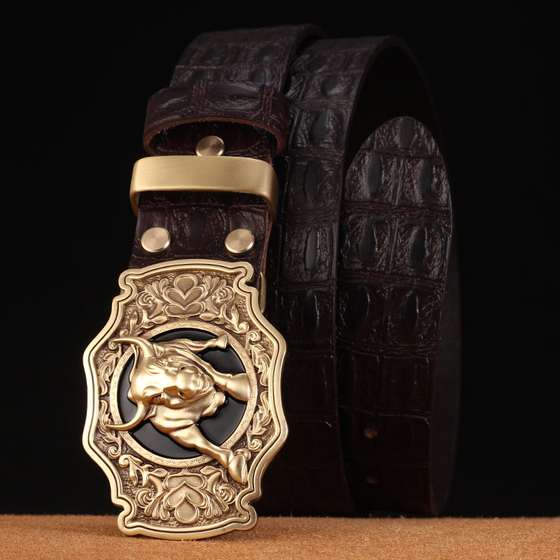 Leather Pattern Head Layer Pure Cowhide Copper Buckle Youth Belt