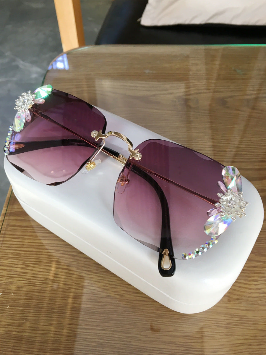 نظارات شمسية عصرية بدون إطار من حجر الراين، نظارات شمسية فاخرة متدرجة للنساء