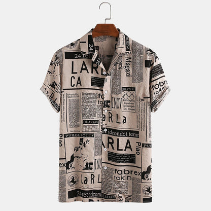 3xl قمصان رجالية خمر صحيفة طباعة قميص هاواي صيفي