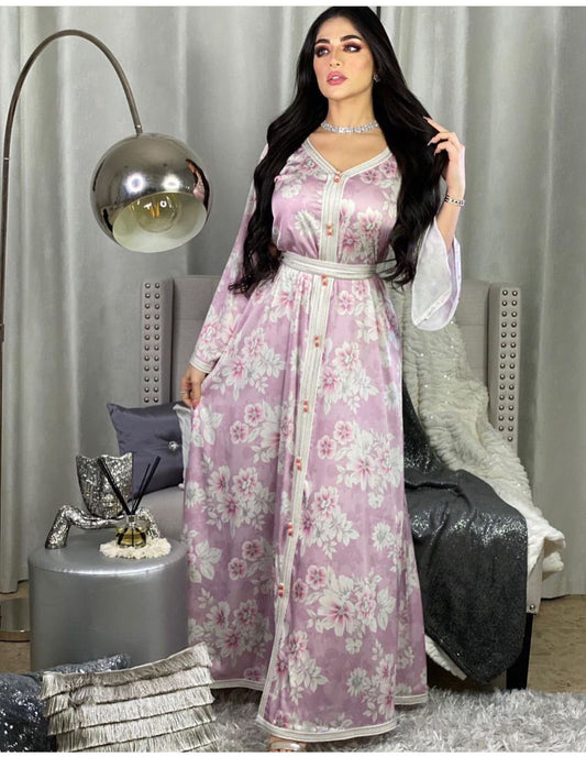 دبي طباعة الأزهار الدانتيل فستان طويل