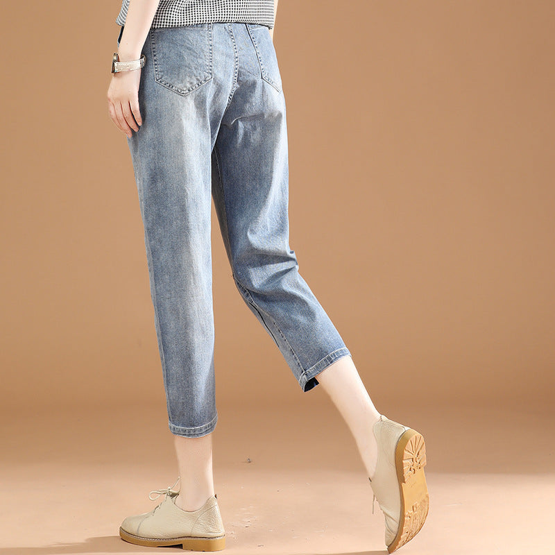 Elastic Waist Embroidery Cropped Jeans Women Summer Thin Section