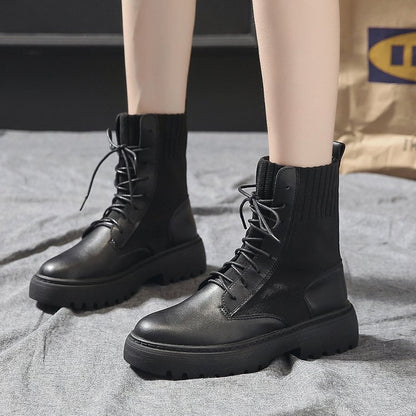 Women's thick-heel motorcycle platform short flat boots