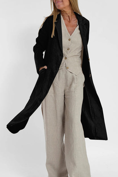 أزياء المرأة عارضة القطن الكتان البدلة طوق جيب معطفا