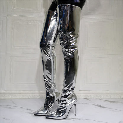 Women's Fashion Silver Patent Leather Knee High Boots