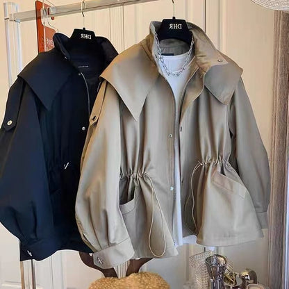 Lapel Hooded Trench Coat Coat Waist-tight Slimming Sense Of Design