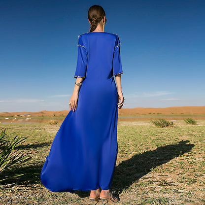 جديد الساتان منتصف الأكمام فستان طويل دبي السفر حجر الراين حجم كبير فستان طويل مستقيم ساعة الصحراء-في رداء