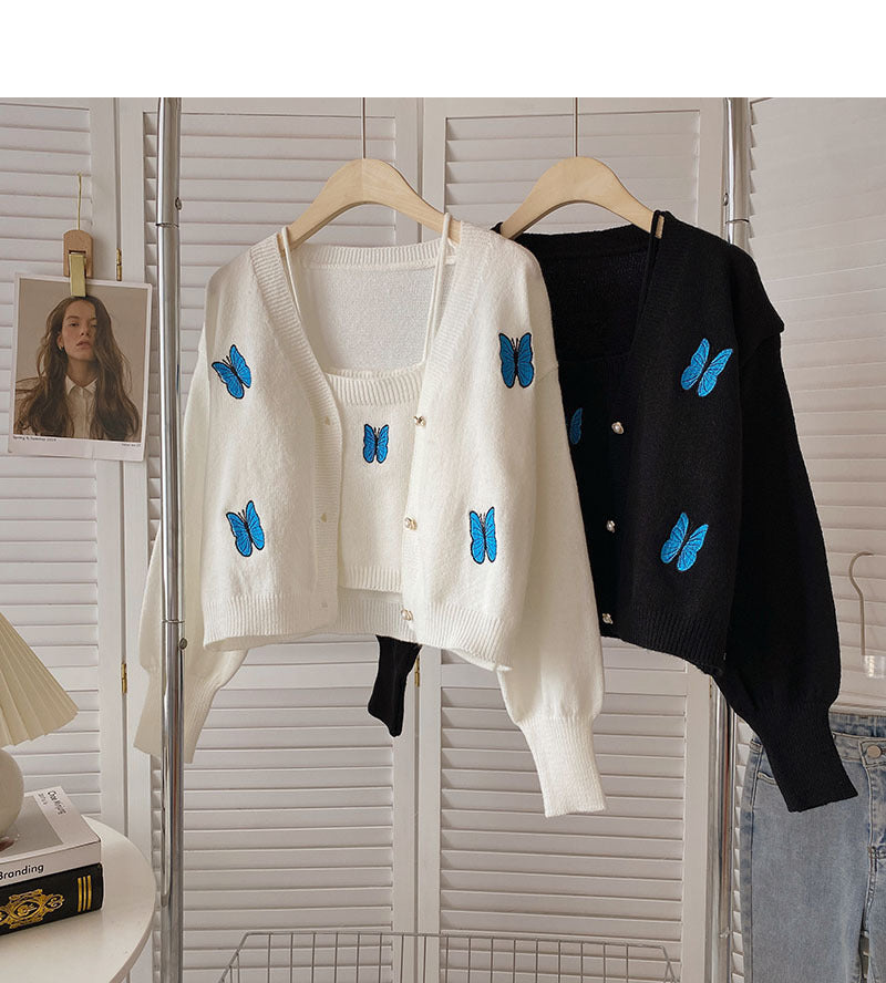 Butterfly Embroidered Vest Long Sleeve Knitted Cardigan Two-piece Set