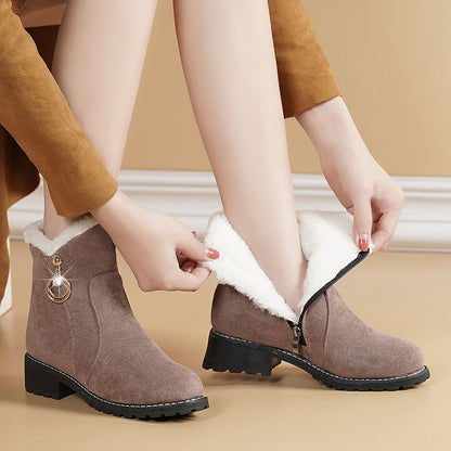Round Head Suede Chunky Heel Side Zipper Fashion Ankle Boots