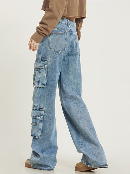 Retro Washed Multi-pocket Jeans Women's Overalls Straight Casual Pants