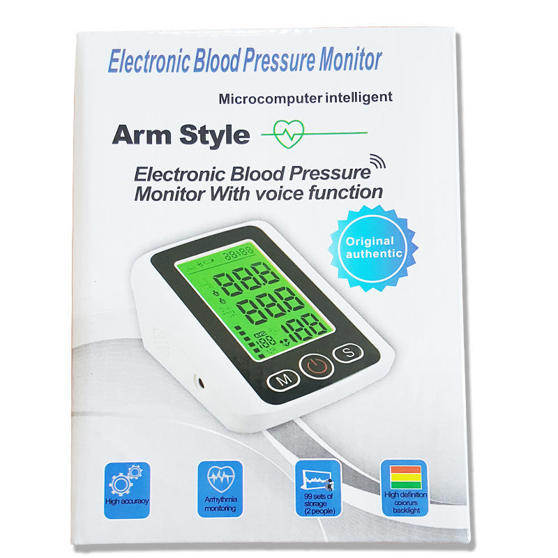 جهاز قياس ضغط الدم الإلكتروني بشاشة كبيرة للمنزل مزود بإضاءة خلفية بثلاثة ألوان لمراقبة ضغط الدم من نوع الذراع جهاز قياس ضغط الدم الصوتي