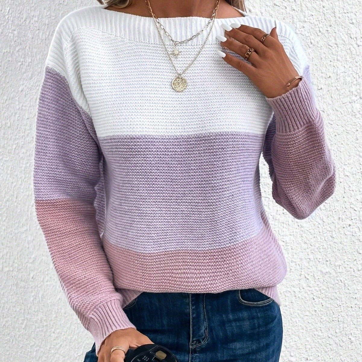 Women's Round Neck Splicing Knitwear Loose Top Sweater