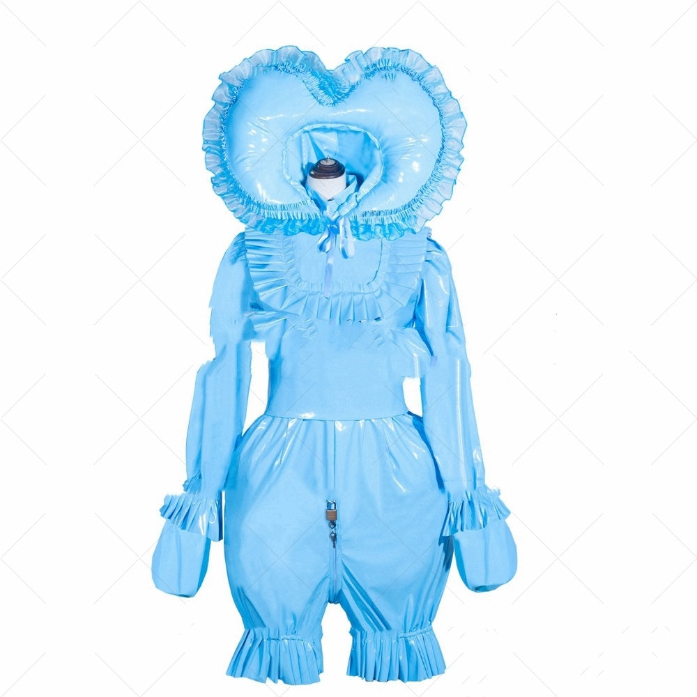 Sky Blue PVC Patent Leather Maid Cosplay Hooded Dress