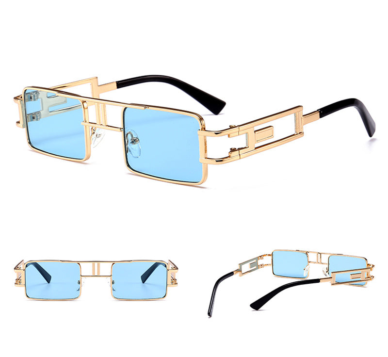 نظارات شمسية مستطيلة للرجال Steampunk بإطار معدني ذهبي وأسود وأحمر ونظارات شمسية مربعة مسطحة للنساء 