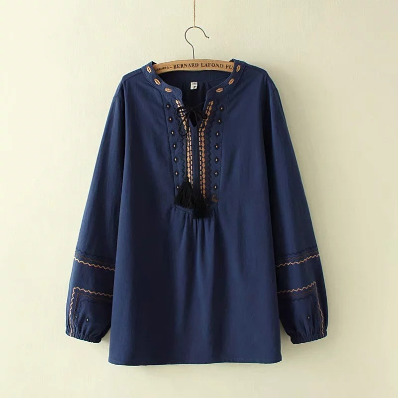 Cotton and linen embroidered fringed lace-up shirt