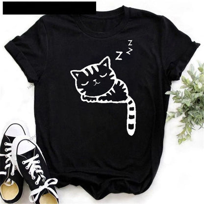 Cartoon Cat And Dog Paw Print Cute Print Black T-shirt