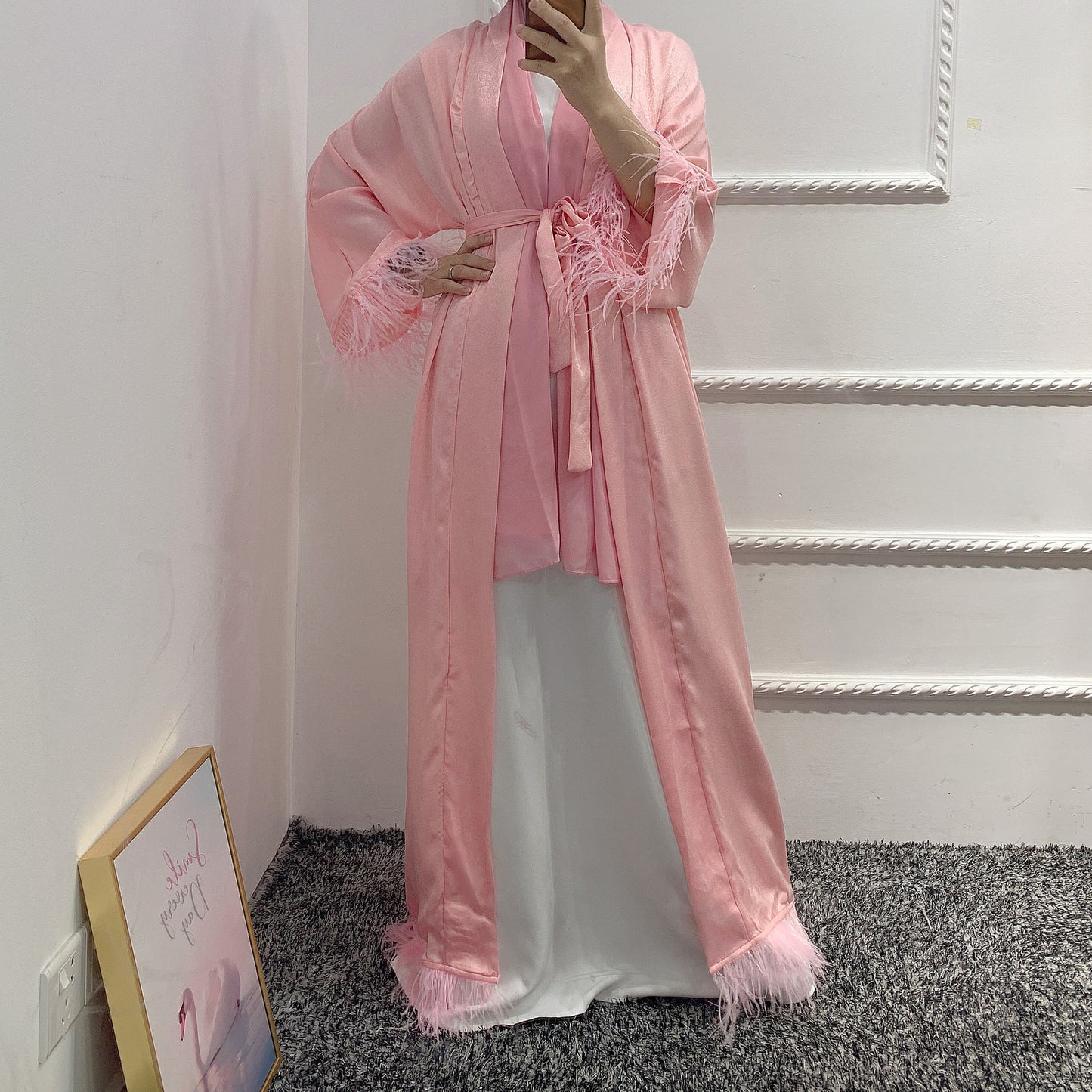 Dubai Cardigan Fashion Fur Lace Women's Robe Dress