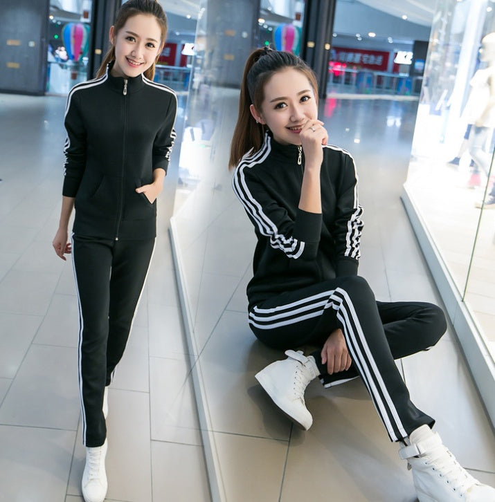 Spring and Autumn New Korean Fashion Running Sportswear Set Female Student Stand Collar Three Bars Two Piece Set Women