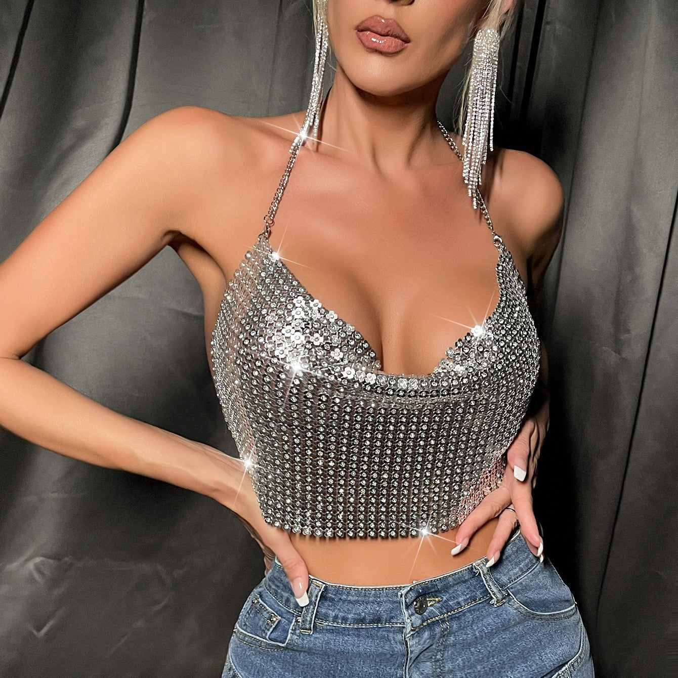 Metal Sequins Sling Party Nightclub Music Festival Sexy Hot Girl Top