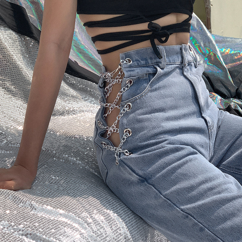 High waist jeans personality chain