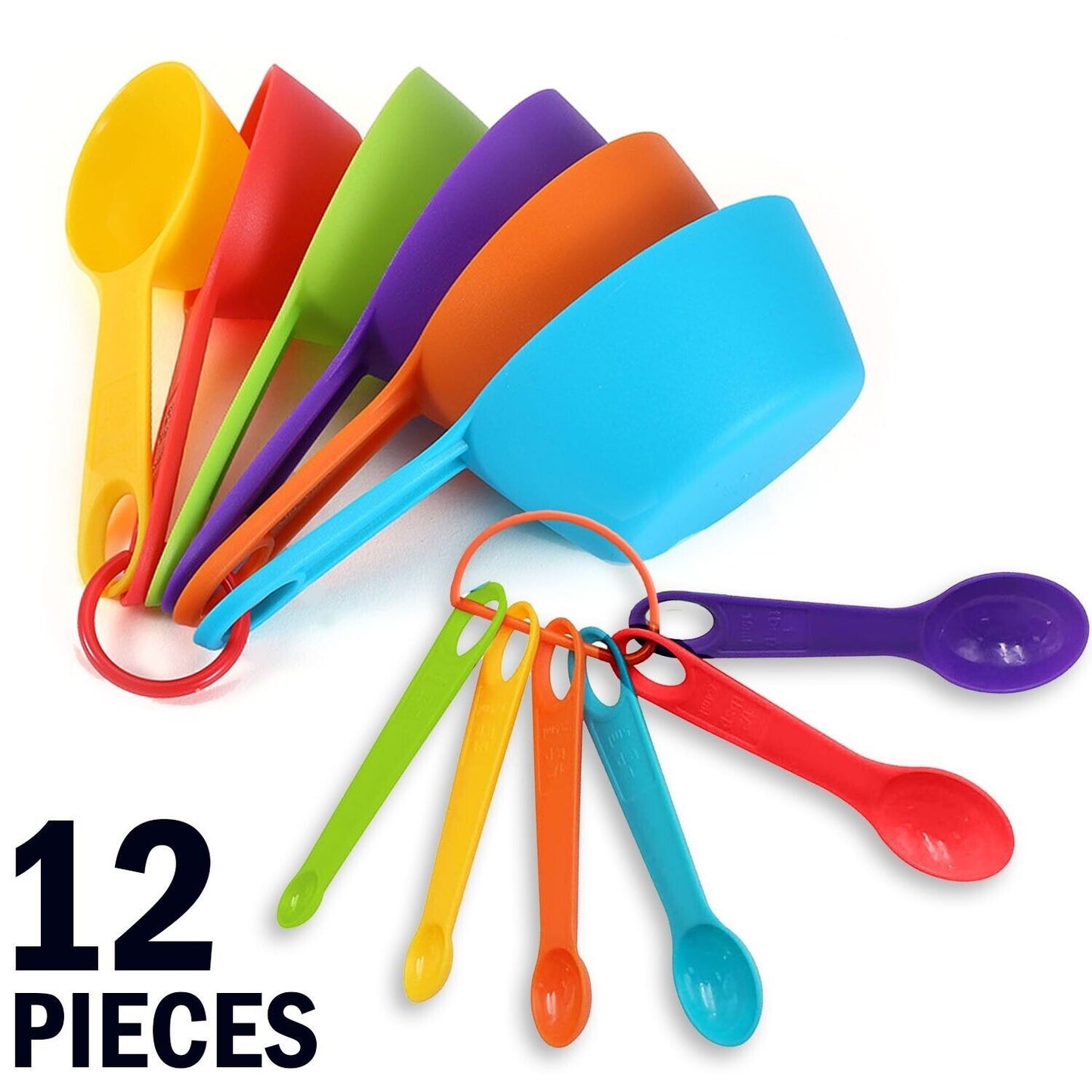 طقم أكواب وملاعق قياس متعددة الألوان مكون من 12 قطعة من أدوات المطبخ البلاستيكية للطبخ