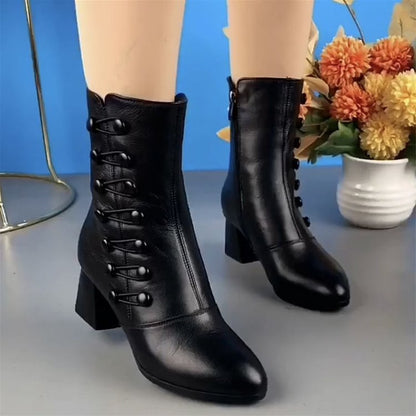 Soft Leather Ankle Boots Fashion Mid Heel Mid-calf High Heels