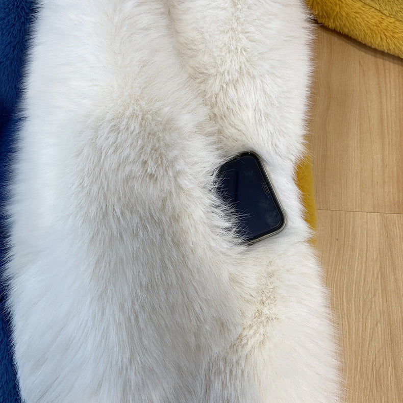 Winter Fur And Leather Overcoat Contrast Color Lapels