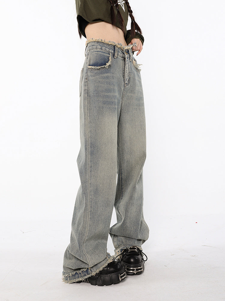 جينز أمريكي عالي الخصر مستقيم مصنوع من الجينز القديم للنساء