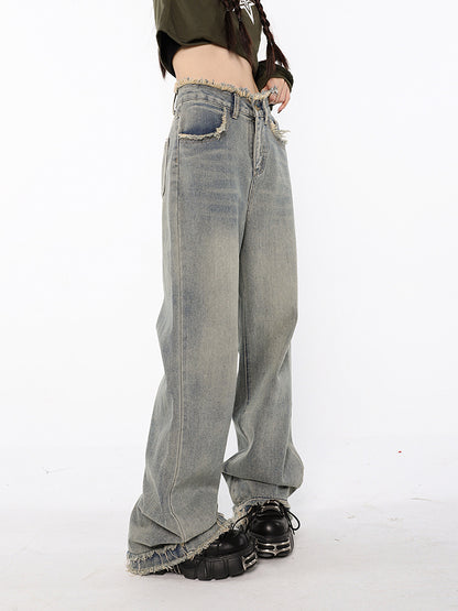 American High Waist Straight Wash Made Old Jeans Women