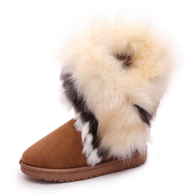 أحذية الثلوج الشتوية سميكة فرو الثعلب المنفوش مقاوم للماء قطن دافئ غير قابل للانزلاق