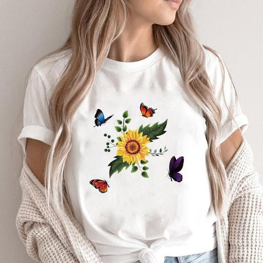 Cute Women's Flower Print Short-sleeved T-shirt