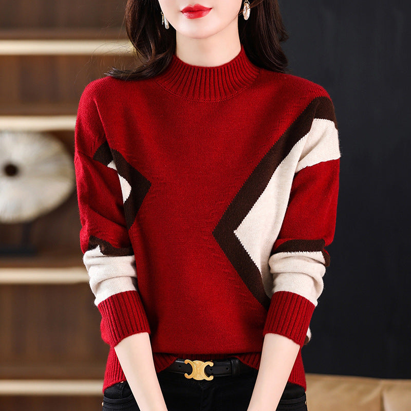 Women's Half Turtleneck Loose-fitting Versatile Sweater Color Matching Knitted Bottoming Shirt