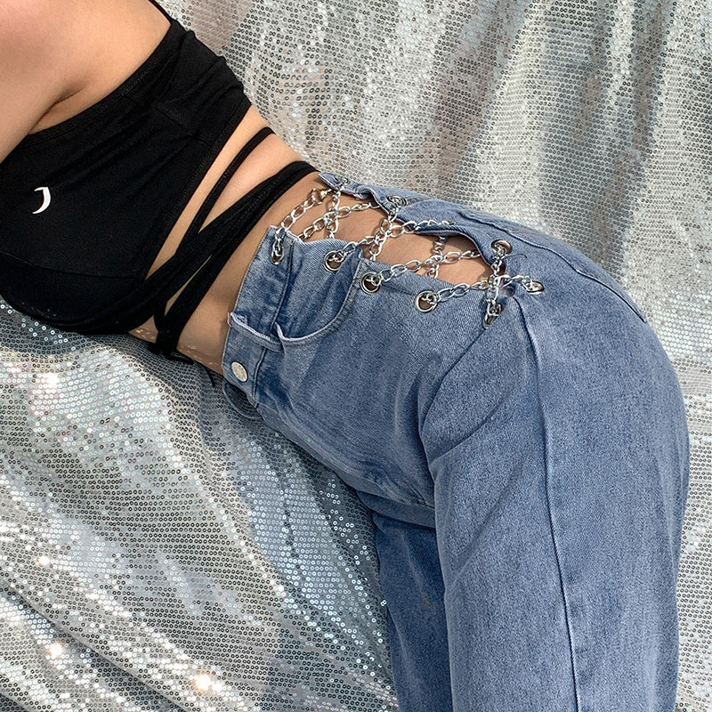 High waist jeans personality chain