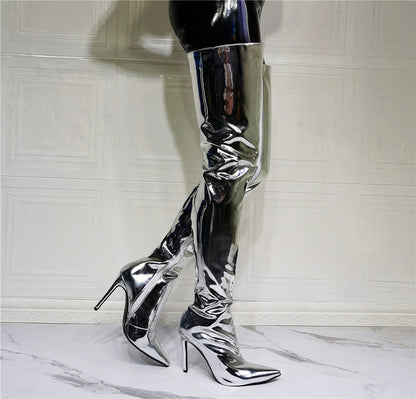 Women's Fashion Silver Patent Leather Knee High Boots