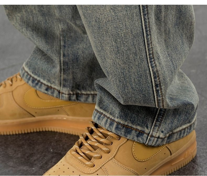 جينز أمريكي كاجوال أصفر مصبوغ بالطين وفضفاض مستقيم