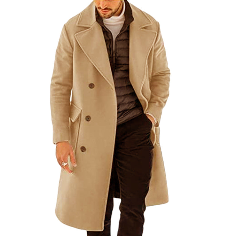 Woolen Men's Coat Thickened Long Section Double Breasted Coat
