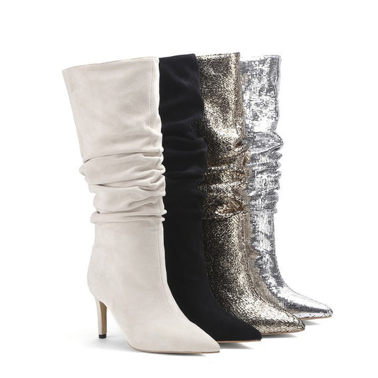 Pleated Mid-boots Silver Women's Plus Size Boots