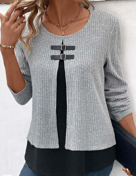 Sunken Stripe Fake Two Pieces Leather Ring Design Long Sleeve Knitted