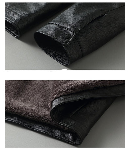 Fleece-lined Men's Leather Clothing With Stand Collar