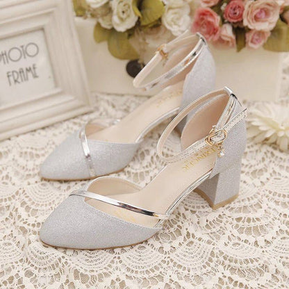 Sequined Wedding Shoes Women's Thick Heel Buckle
