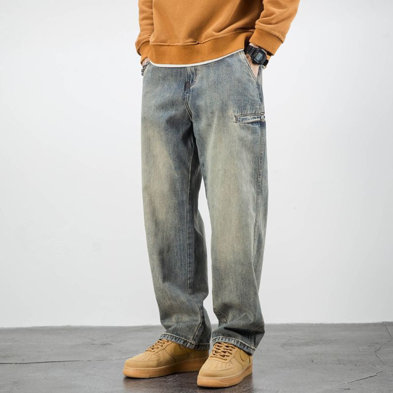 جينز أمريكي كاجوال أصفر مصبوغ بالطين وفضفاض مستقيم