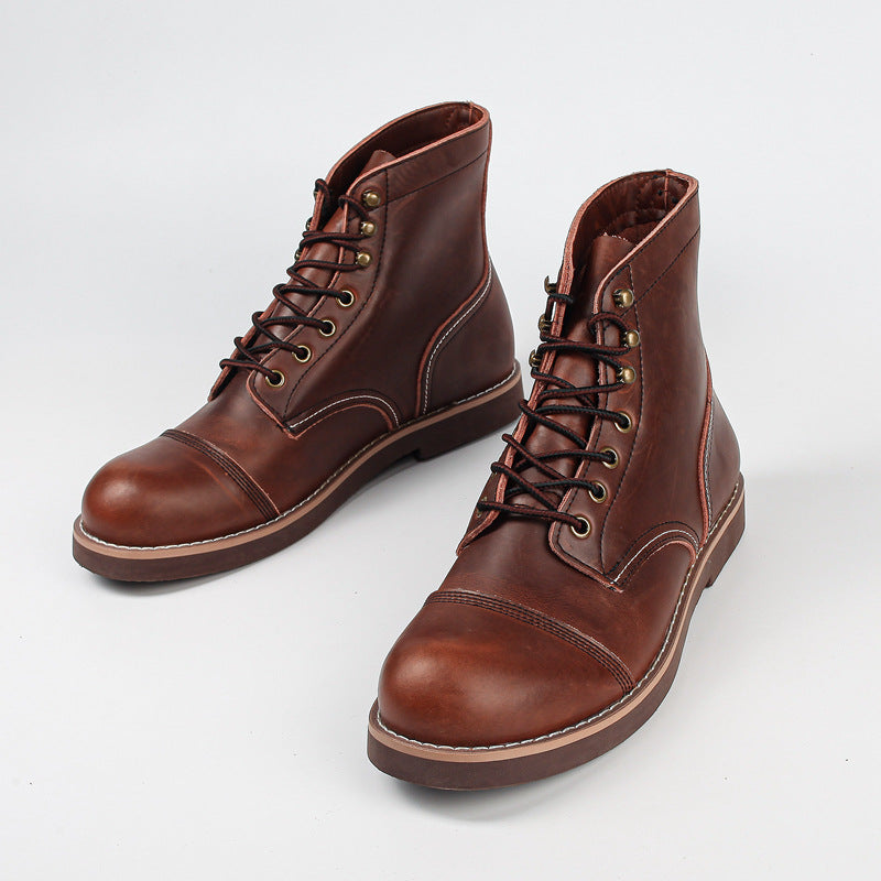 حذاء مارتن من جلد البقر القديم للرجال مصنوع من جلد الشمع الزيتي، حذاء عسكري للعمال