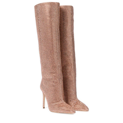 Women's Fashion Pointed Toe Stiletto Rhinestone Tall Boots