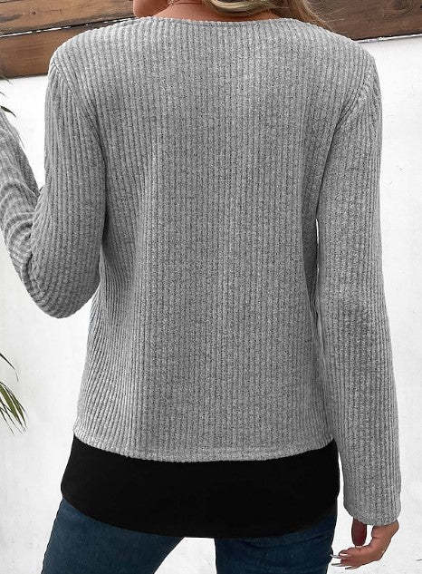 Sunken Stripe Fake Two Pieces Leather Ring Design Long Sleeve Knitted