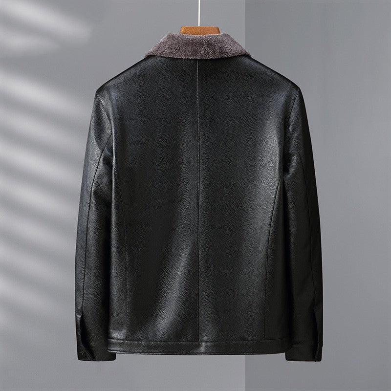 Fleece-lined Men's Leather Clothing With Stand Collar