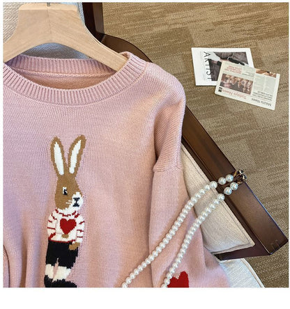 Cute Youth-looking Pullover Cartoon Rabbit Jacquard Long-sleeved Sweater