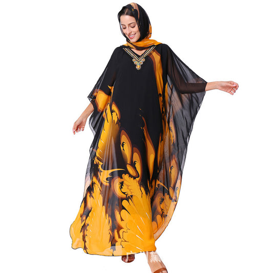 فستان دبي مقاس كبير كاجوال مع باندانا مطبوعة