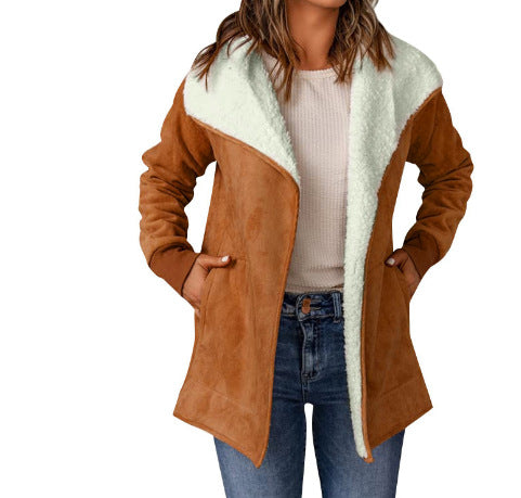 Women's Long-sleeved Suede Lambswool Warm Coat